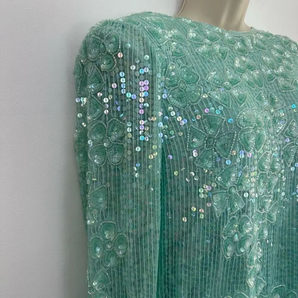 Laurence Kazar Women’s Silk Misty Light Turquoise Heavily Embroidered Beaded and - Picture 7 of 15
